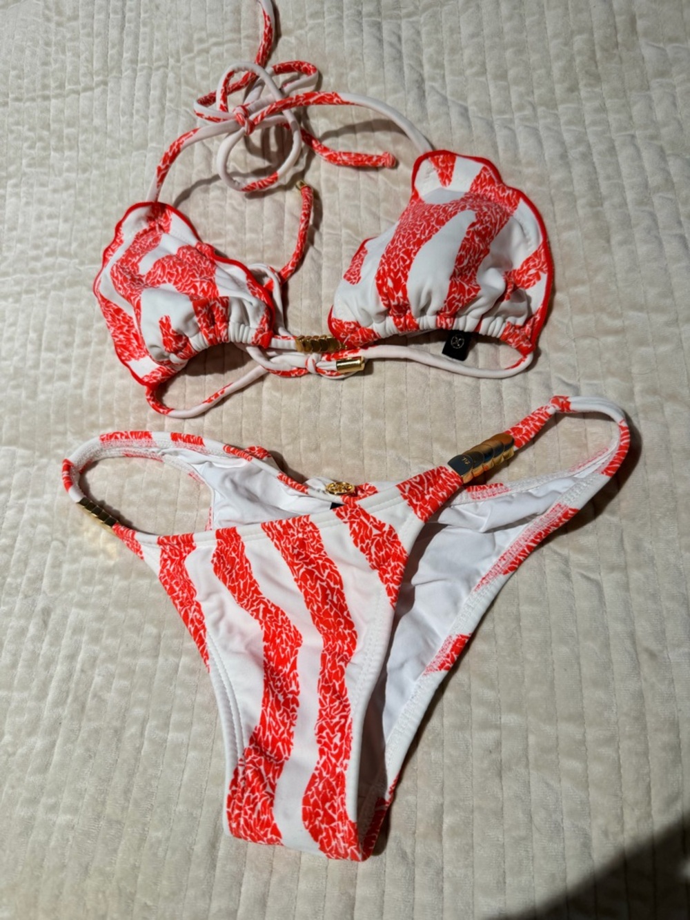 Vix White & Red Patterned Triangle Bikini with Gold Accents